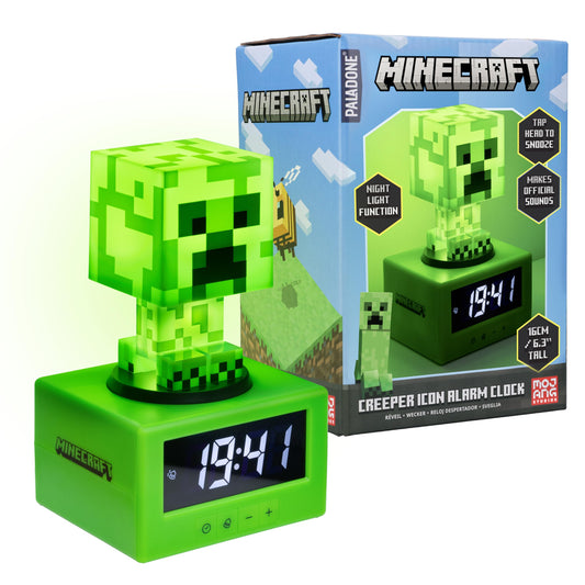 Minecraft Creeper Alarm Clock - Officially Licensed Icon Music & Night Light for Kids and Teens, Gaming Room Accessory, Gamer Enthusiasts Novelty Gift