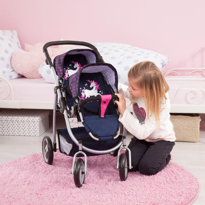 Bayer Design 26554AA Twin Dolls Pram, modern, adjustable handle, foldable, with unicorn design, blue pink, 46 cm