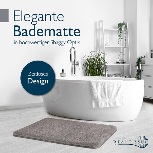 Beautissu bath mat non-slip 120x70 cm - shower rug high pile bath mat non-slip washable shaggy look - fluffy bath rug shower bathroom mat large - gray bath mat BeauMare FL
