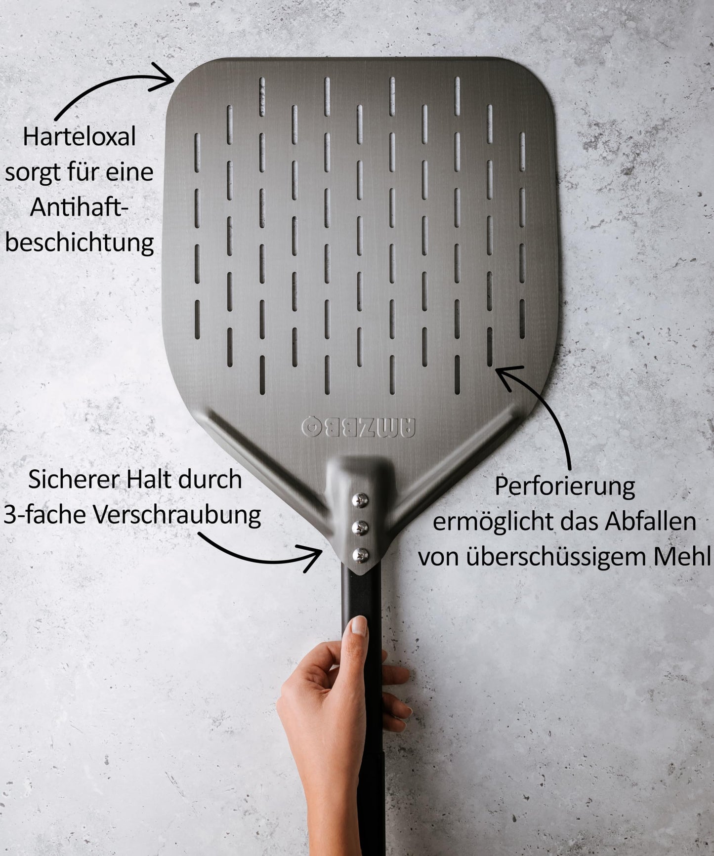 AMZBBQ® Premium Pizza Peel - 40 x 40 x 76 cm Perforated Pizza Paddle made of Hard Anodized Aluminum for Easy Sliding on Pizza Stone - Grill Accessory Gift for Men