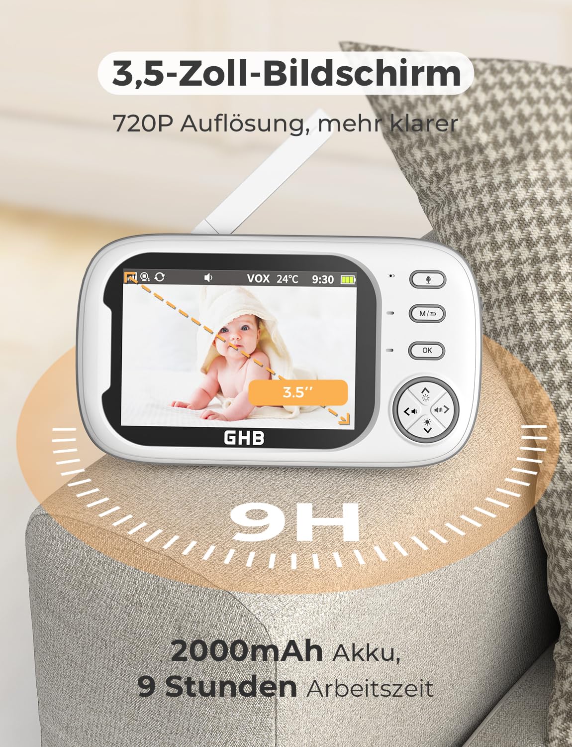 GHB Baby Monitor with Camera 3.5 Inch Video Baby Monitor with VOX Mode Night Vision Two-Way Talk Lullabies.