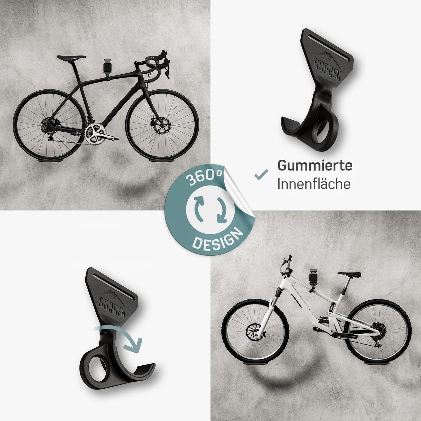 Borrow Bicycle Wall Mount - adjustable bike rack for the wall - suitable for E-bikes, road bikes, MTBs - rubber-coated hook to prevent scratches