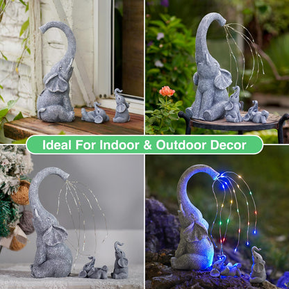 Yeomoo elephant decor garden statues with solar string lights outside: mother elephant with 2 baby elephants outdoor garden decor gifts for mom women living room weatherproof balcony patio decor