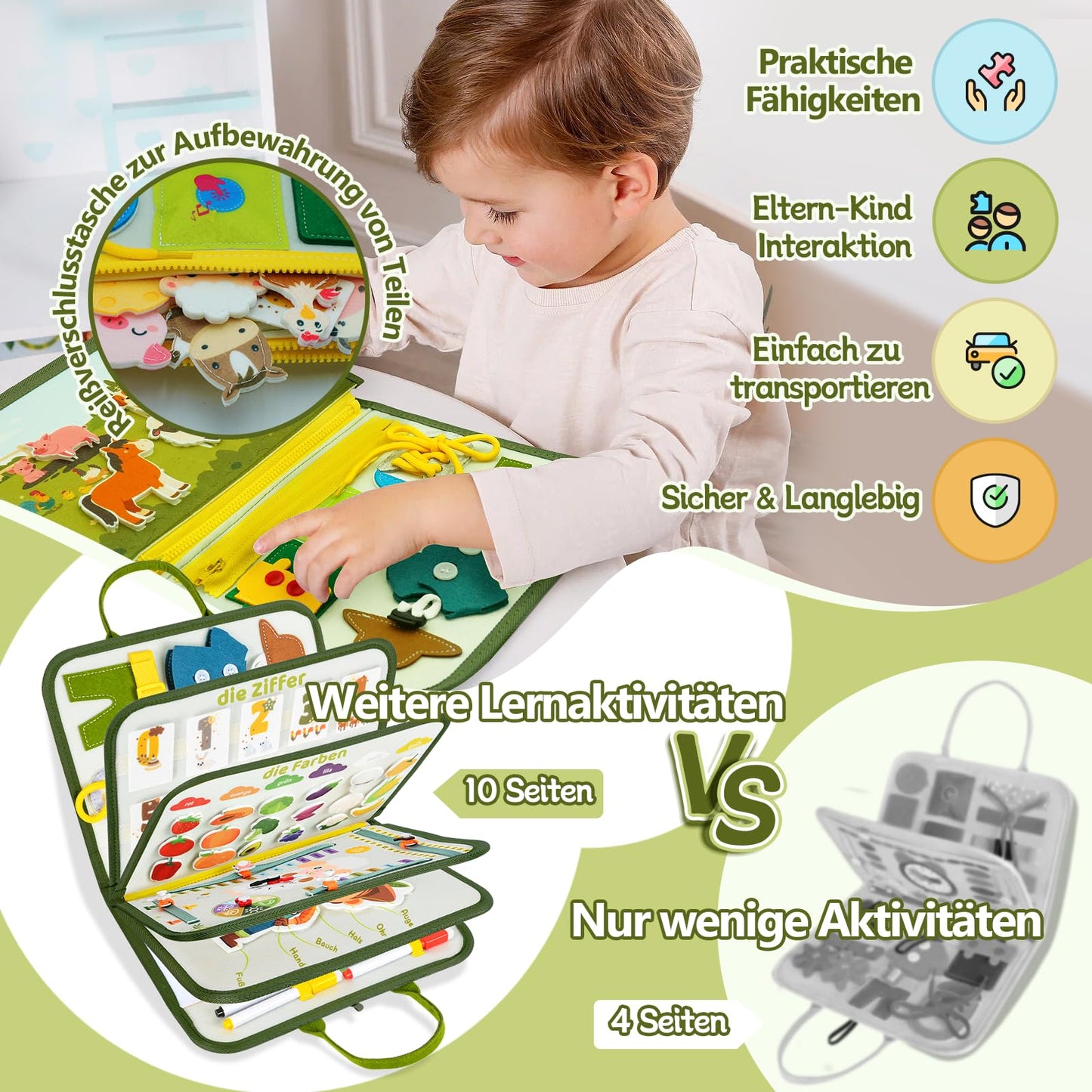 Busy Board German Montessori for 2 3 years, 10 in 1 Montessori toy Activity Board motor skills toy & educational toy for 2 3 4 5 years, Farm Busy Book toddler toy for long trips.