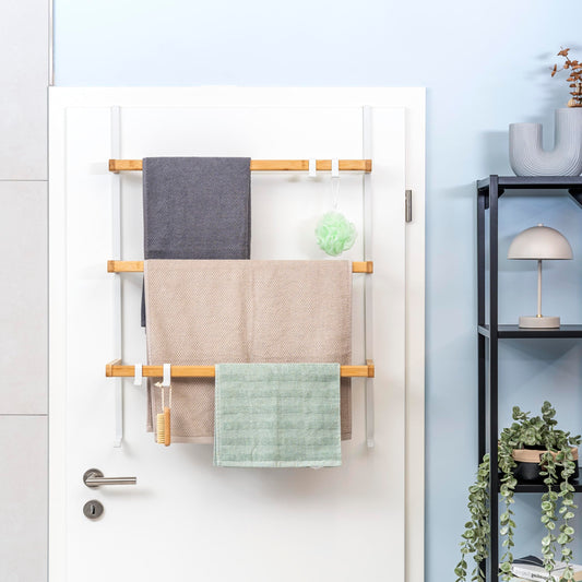 eluno Door Hanging Shelf made of metal and bamboo, door towel holder with 3 towel bars, 4 practical hooks, for hanging without drilling (White)
