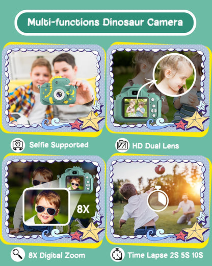 GREENKINDER Children's Camera, 2.0" Screen Kids Camera with 32GB Card, 20MP & 1080P HD Selfie Digital Camera for Children, Dinosaur Gifts for 3-12 Year Old Boys and Girls