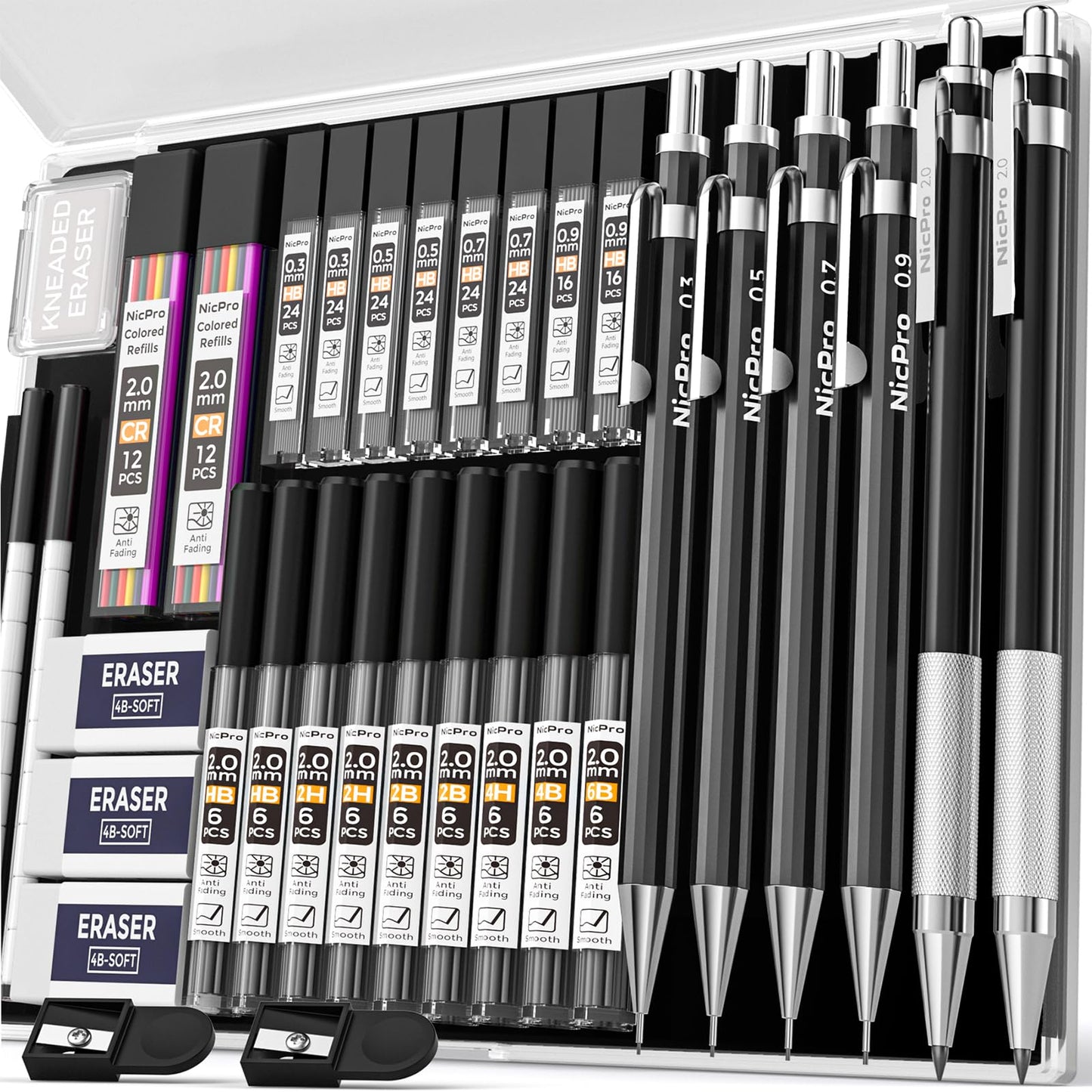 Nicpro 34-piece mechanical pencil set, black metal mechanical pencil set, 0.3, 0.5, 0.7, 0.9mm, and 2mm lead holders (6B, 4B, 2B, HB, 2H, 4H, CR) for sketching, drawing, with 19 tubes of lead.