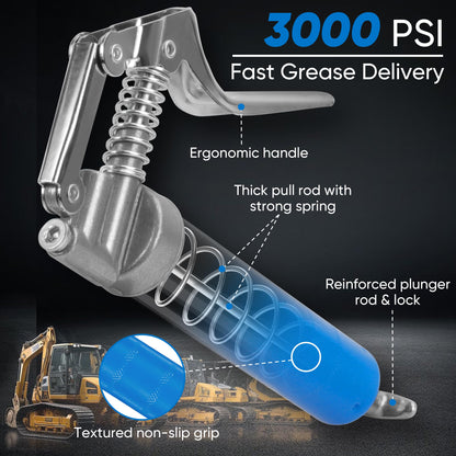 KRETLAW Mini Grease Gun Kit, small grease gun (3000 PSI) with dual 85g cartridge grease and 305mm flex hose, reinforced coupler for automotive and marine use.