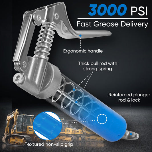 KRETLAW Mini Grease Gun Kit, small grease gun (3000 PSI) with dual 85g cartridge grease and 305mm flex hose, reinforced coupler for automotive and marine use.