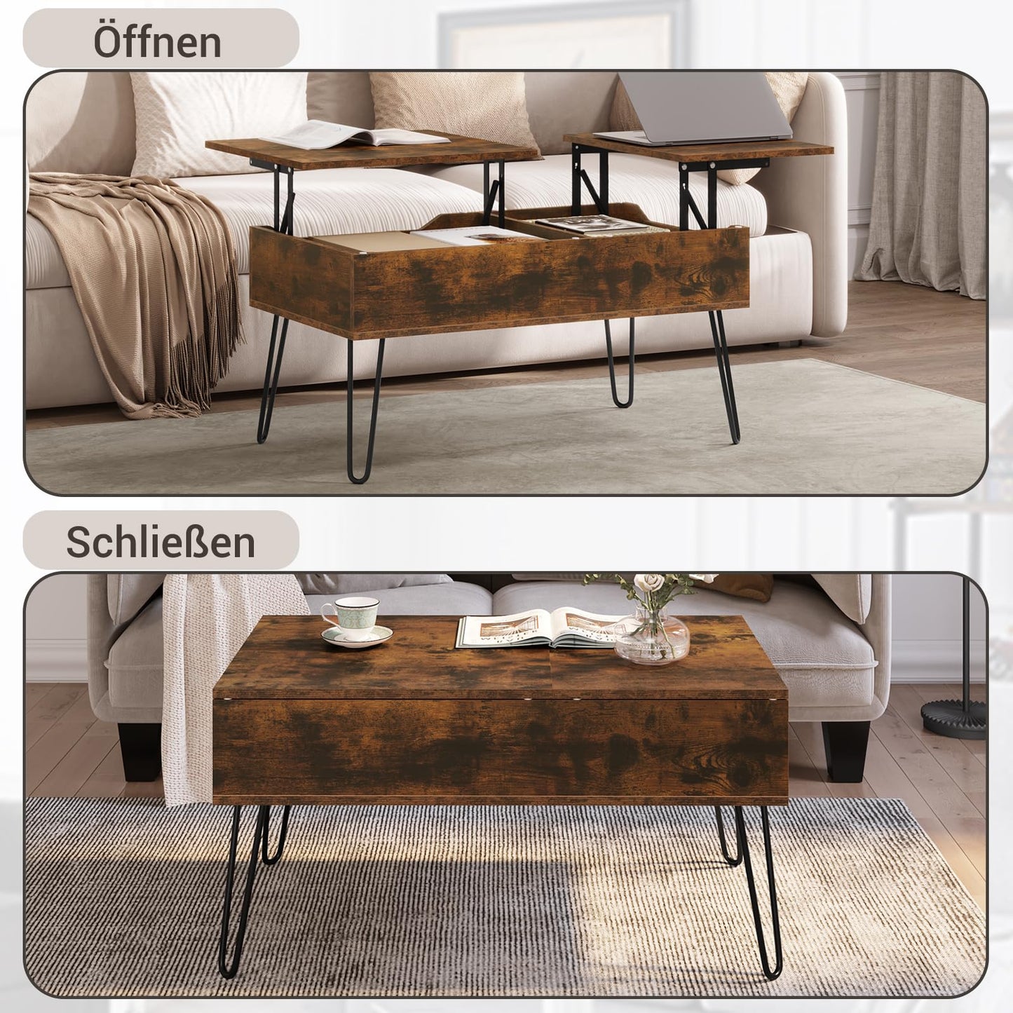 WOLTU coffee table adjustable in height, side table with double lifting plates, lift-top table, living room table, hidden storage space, rustic brown, wood-metal composite, BTS14vbn