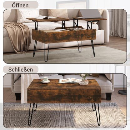 WOLTU coffee table adjustable in height, side table with double lifting plates, lift-top table, living room table, hidden storage space, rustic brown, wood-metal composite, BTS14vbn