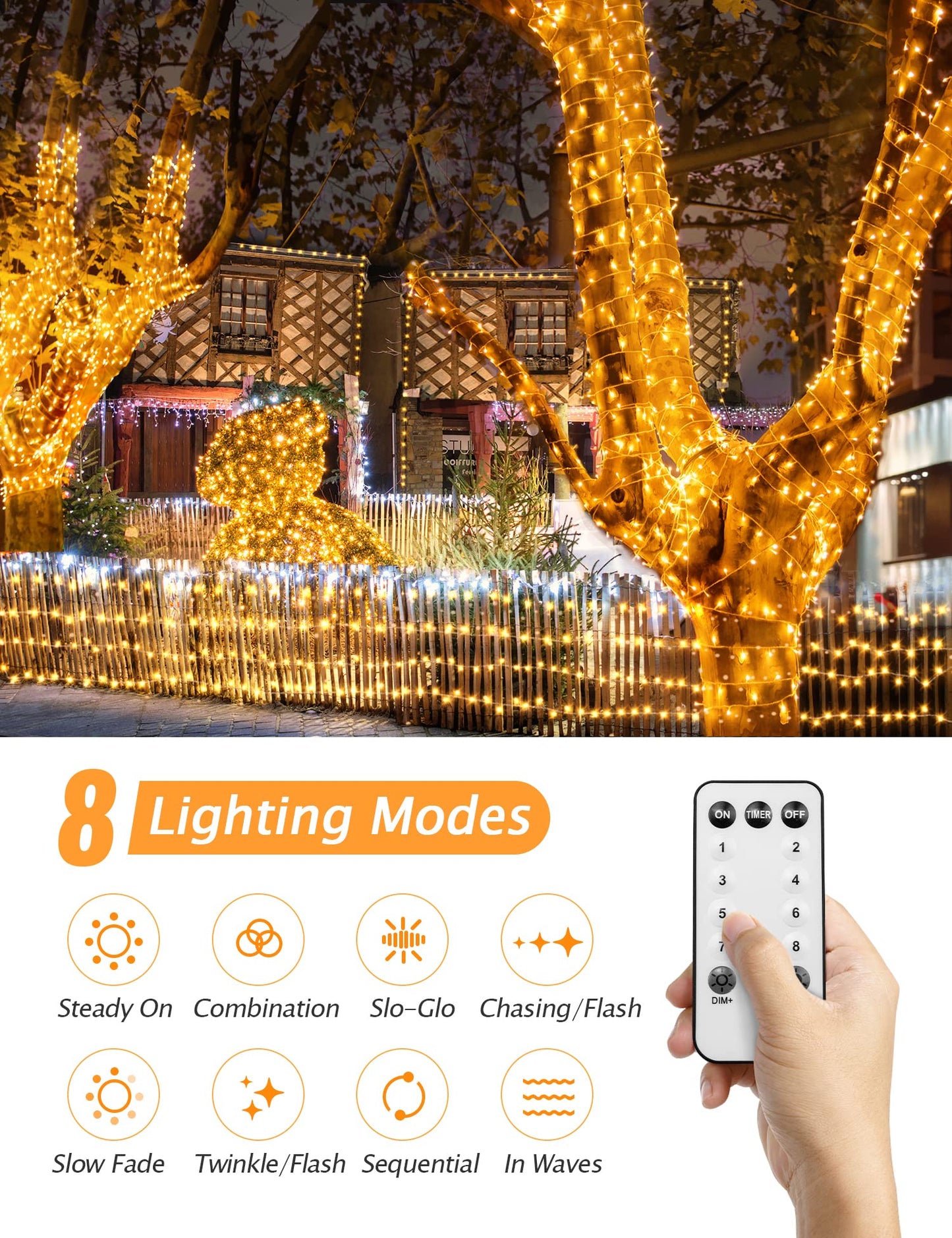 GYLIFEY outdoor fairy lights 100m Christmas fairy lights 800LED with remote control, waterproof LED fairy lights for Christmas decoration, warm white.