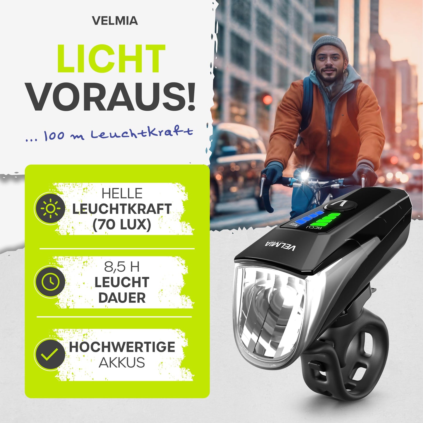 Velmia LED bike lights set approved for road use with USB battery operation and 8.5h runtime I rainproof and rechargeable light, bike accessory, front + rear light