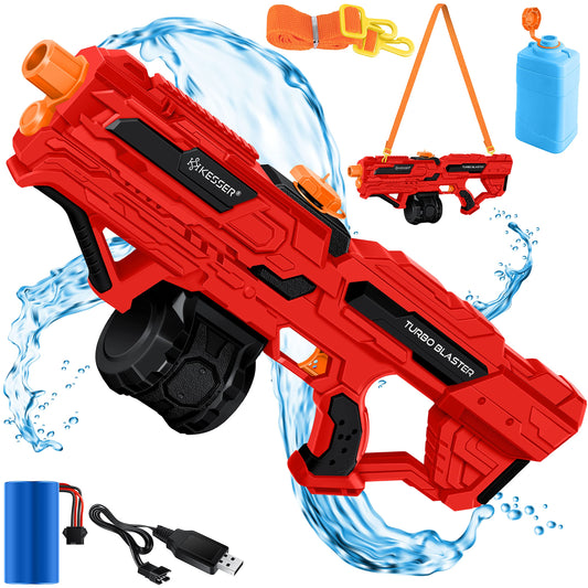 KESSER® Electric Water Gun with Battery, 1000 ml Large Water Blaster for Kids and Adults, 8m Range, Water Toy with Battery, Charging Cable & Extra Tank Red/Black