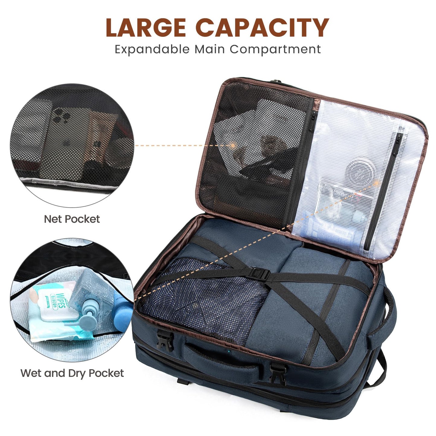 LOVEVOOK 30-40L backpack carry-on travel backpack for men and women, expandable business backpack, laptop backpack for 17.3 inches, anti-theft, blue.
