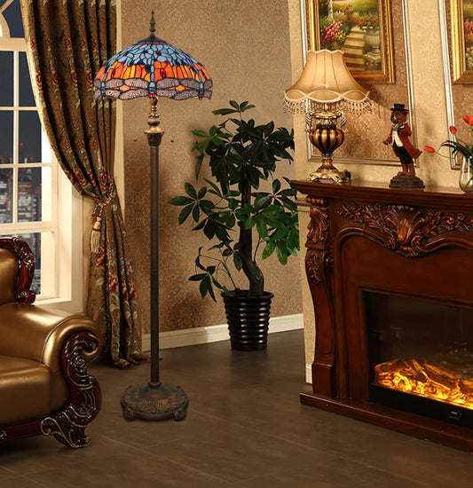 Kinbolas Tiffany Style 16 Inch Retro Dragonfly Stained Glass Lampshade Floor Lamp Reading Lamp Vintage Floor Lamp Boho Art Deco Bedroom Living Room Floor Lamp- Pedal Switch (Color: C-4)