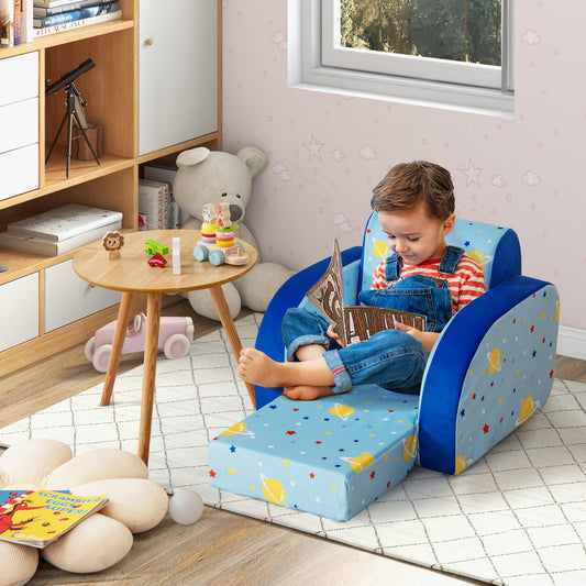 COSTWAY 3 in 1 Kids Sofa Foldable, Upholstered Velvet Children's Armchair, Kids Sleeper Sofa with Removable Protective Cover, Kids Couch for Children up to 5 Years (Spaceship)