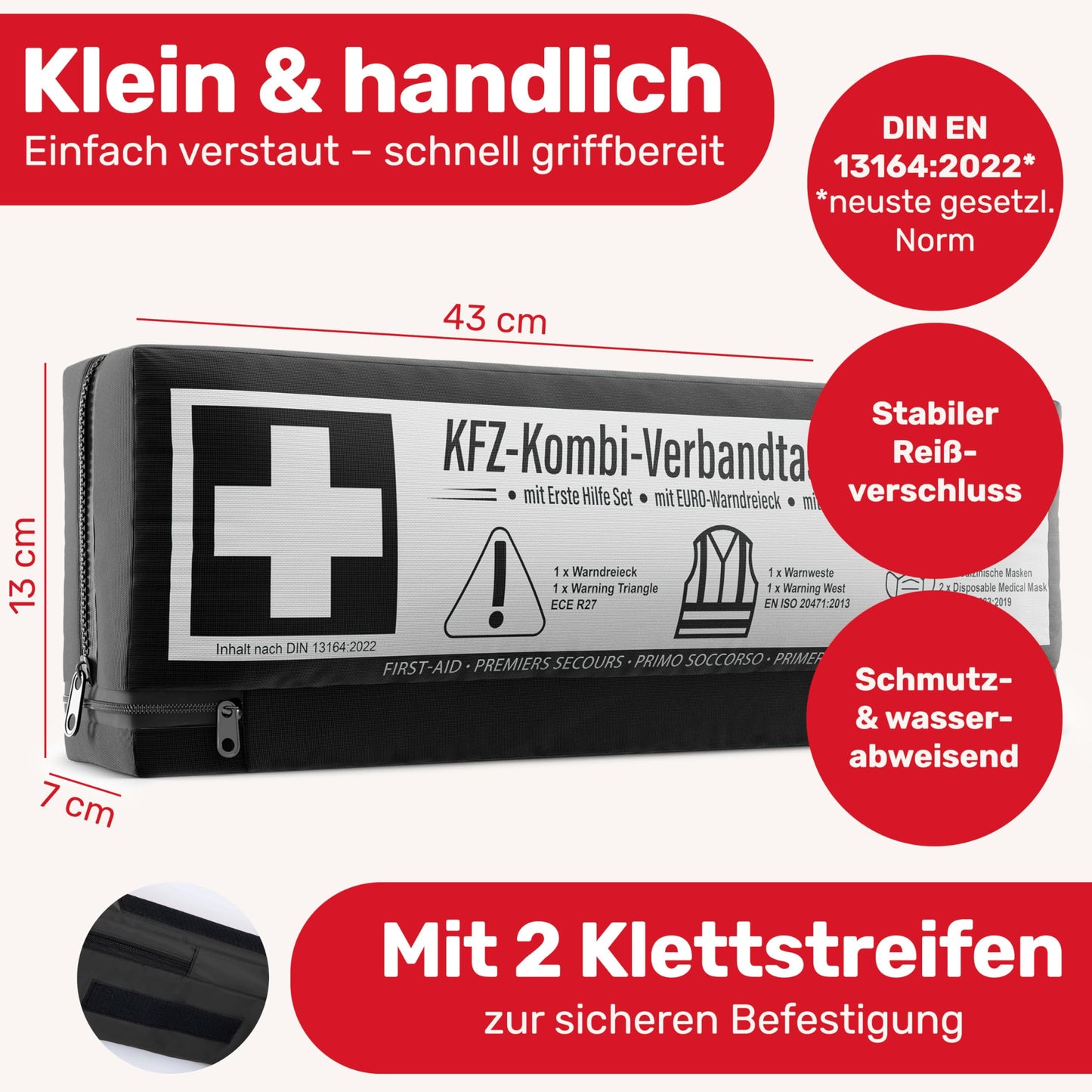 Automotive combo bag (3 in 1) according to current standard 2025 - Including warning triangle, safety vest - First aid kit warning triangle set First aid kit Car DIN 13164:2022 (conforming to the Road Traffic Regulations)