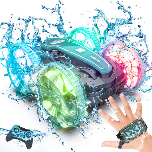 Tecnock Amphibious Remote Control Car, 4WD 360° Rotating Gesture Sensor Stunt RC Car with Lights, Remote Control Boat with Waterproof Remote, Gifts Toys for Ages 3-8+ (with clock)