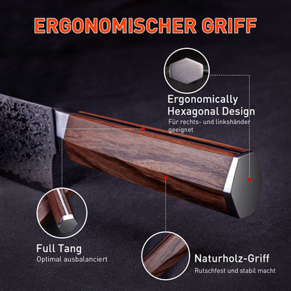 FUJUNI Nakiri Knife Cleaver Knife Damascus Kitchen Knife With Extremely Sharp 17.5 cm Blade Made of 67 Layers Vg-10 Damascus Steel Chinese Chef's Knife, Wooden Handle, Gift Box