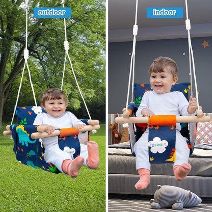 Katomi swing for baby kids with safety belt stainless steel carabiner soft cushion up to 50kg permissible length adjustable CE environmental fabric dinosaur pattern for garden indoor outdoor