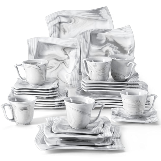 MALACASA, Amparo series, 30-piece marble porcelain dinnerware set with 6 dinner plates, 6 soup plates, 6 dessert plates, 6 coffee cups, and 6 saucers.