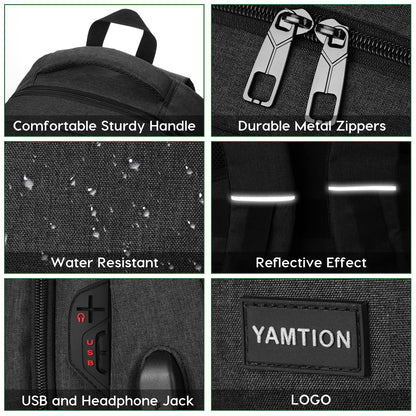 YAMTION Black Backpack for Men and Women, Unisex School Backpack for Teenage Boys Girls 17.3 Inch Laptop Backpack School Bag with USB for College School Work Office