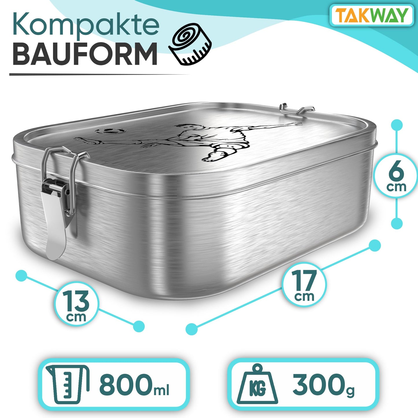 TAKWAY stainless steel lunchbox for kids with compartments 800ml | Leakproof | Bento box with adjustable dividers | Snack box lunchbox for kindergarten school (soccer, divider)