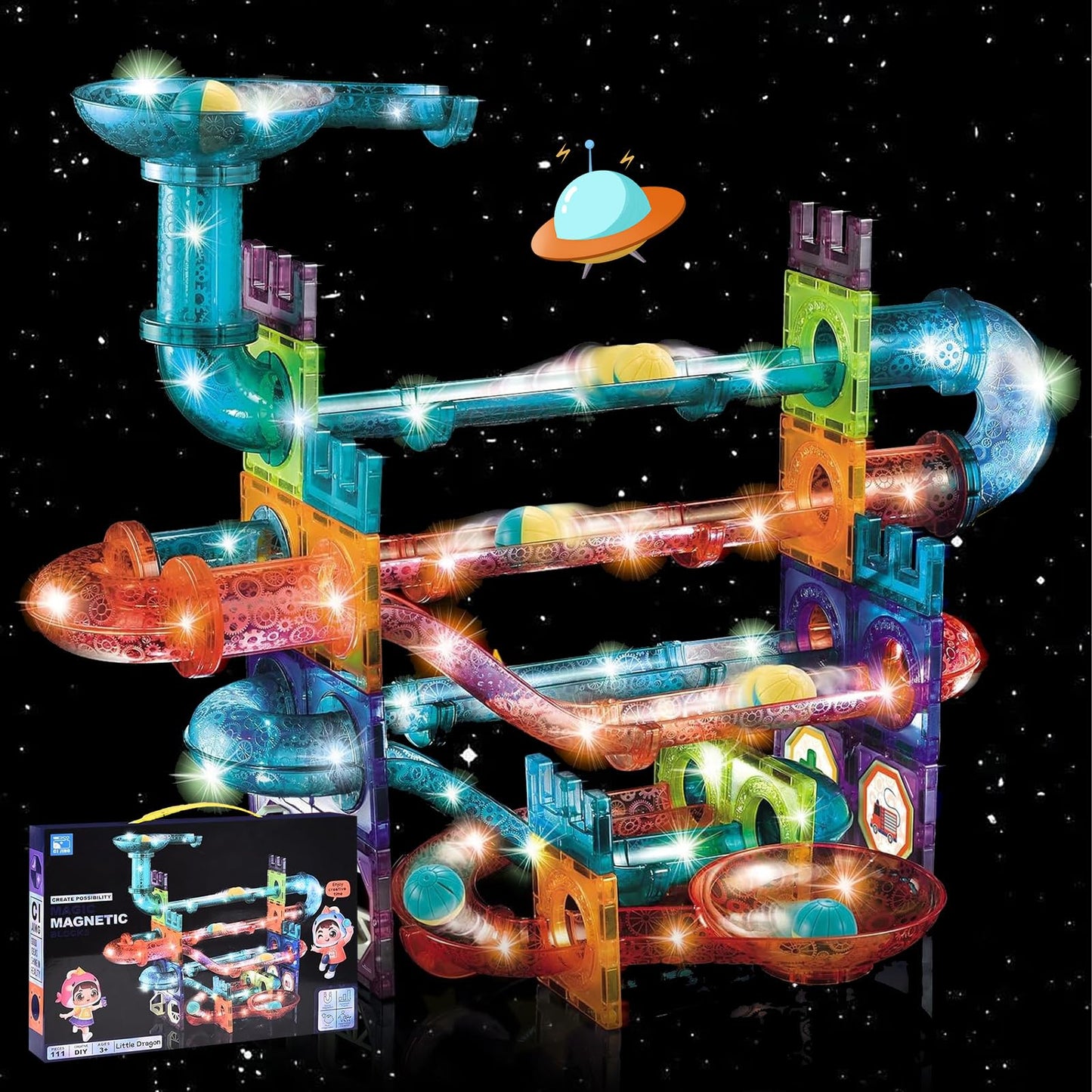 Magnetic building blocks, 111 pieces construction set, magnetic toy, educational toy, magnetic blocks with marble run, learning toy, for boys and girls.