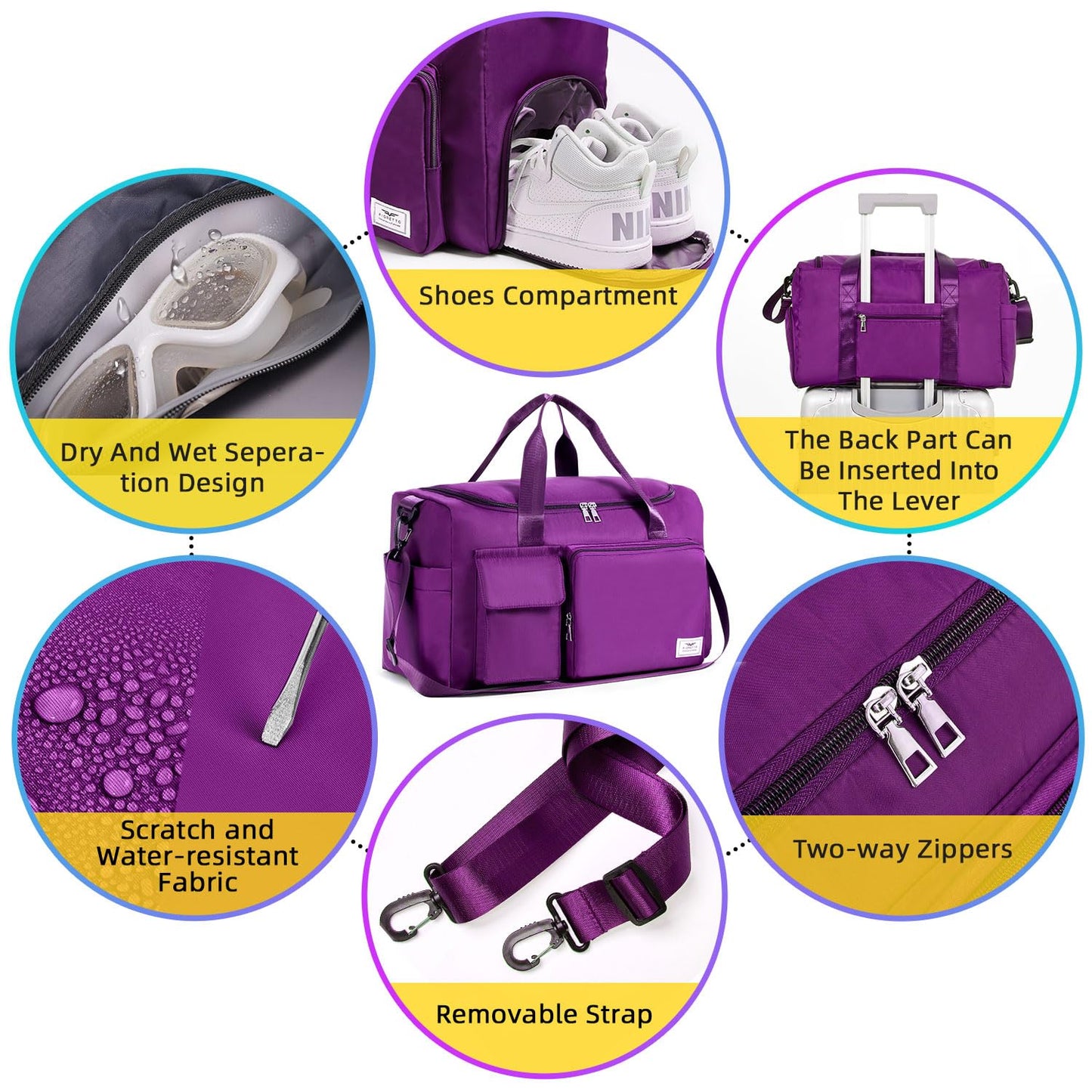 FIORETTO 35L Women's sports bag with shoe compartment and wet pocket, water resistant weekender gym travel bag, carry-on bag for women and men. Grape purple.