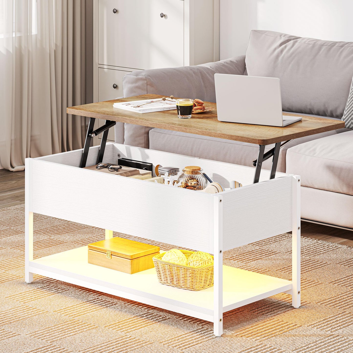 YITAHOME coffee table with adjustable height top, extendable hidden storage, side table for living room, office, with power strip and LED light strip.