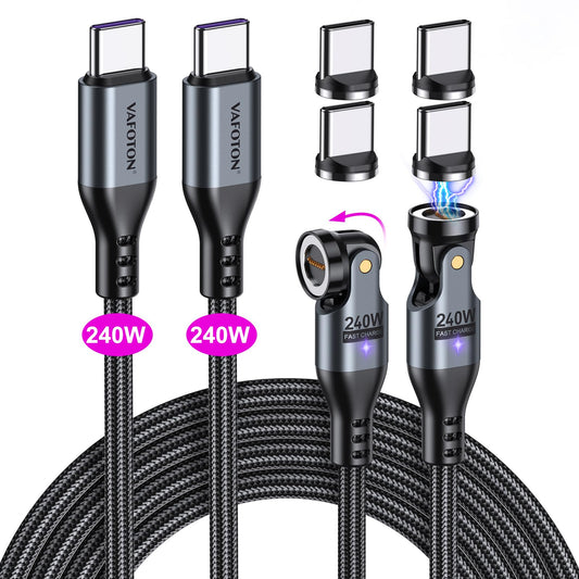 VAFOTON 240W USB C Magnetic Charging Cable (2Pack, 1.8m/1.8m), 240W (48V/5A) PD Fast Charge Magnetic Charging Cable, 9Pins USB C to Type C Magnetic Charging Cable for Tablet/Laptop/MaBook (Black)