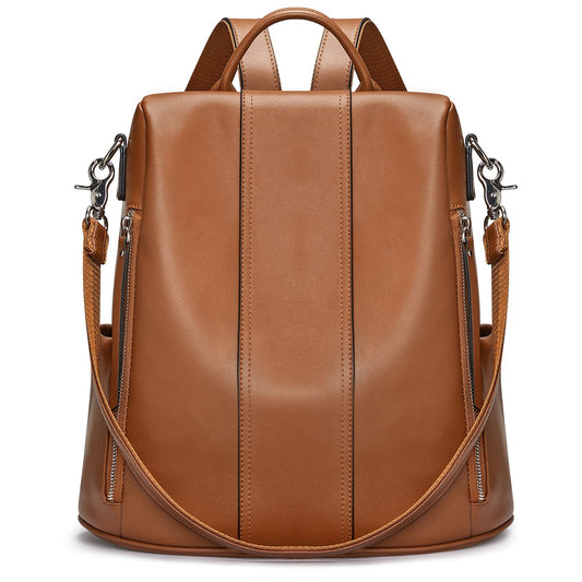 S-ZONE Women's Backpack, Soft Leather, Theft Protection, Wallet, Waterproof, School Bag, 2-Brown, 38