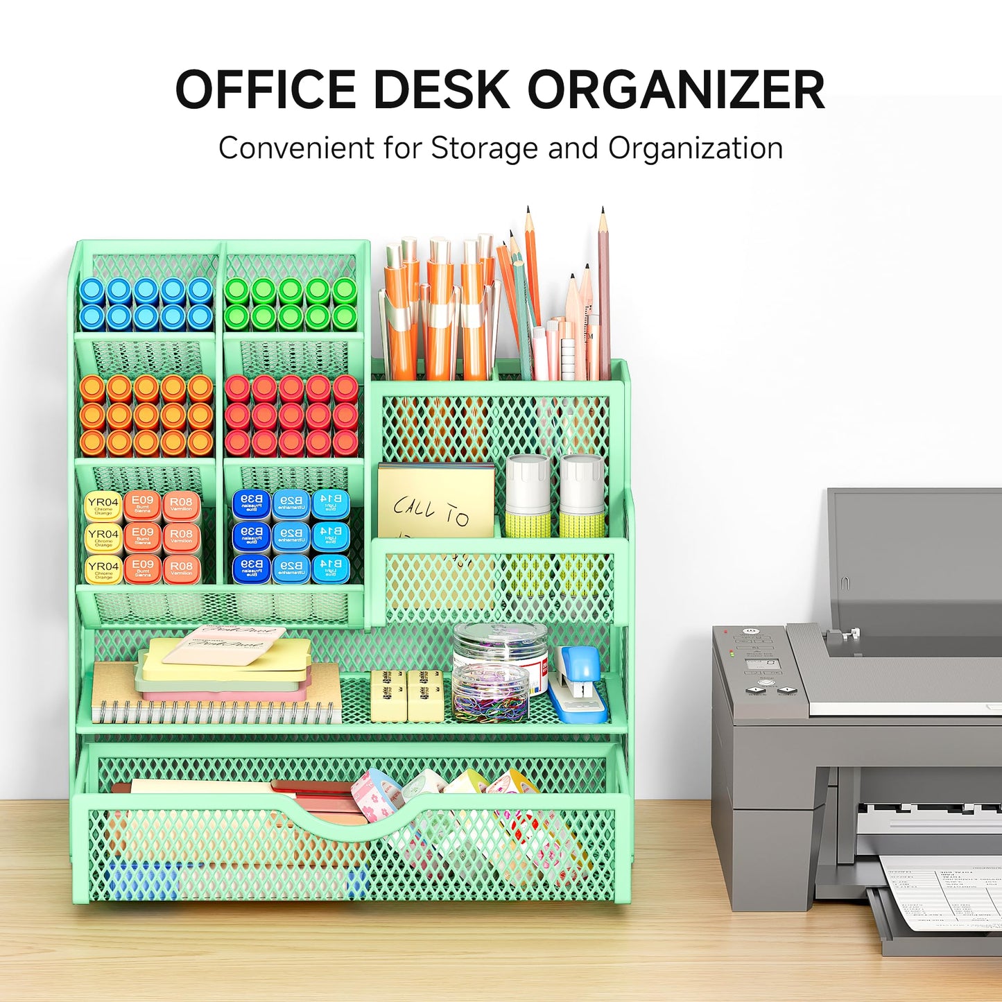 VITVITI Desk Organizer, 10 Compartments Pen Holder with Drawer, Metal Mesh Pen Stand, Desk Pen Holder for School Home Office (Green)