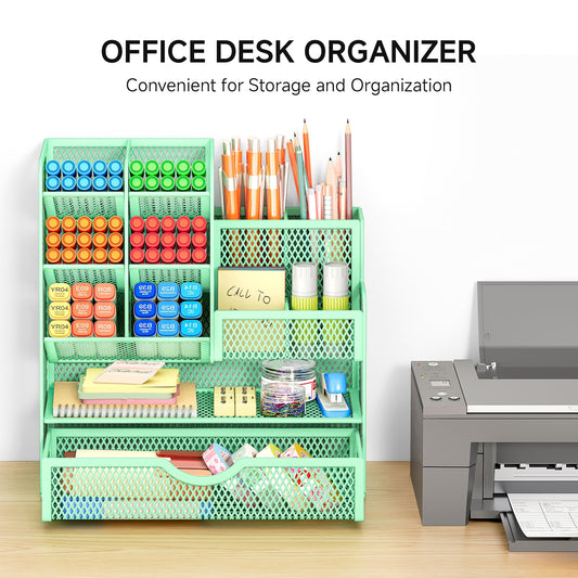 VITVITI Desk Organizer, 10 Compartments Pen Holder with Drawer, Metal Mesh Pen Stand, Desk Pen Holder for School Home Office (Green)
