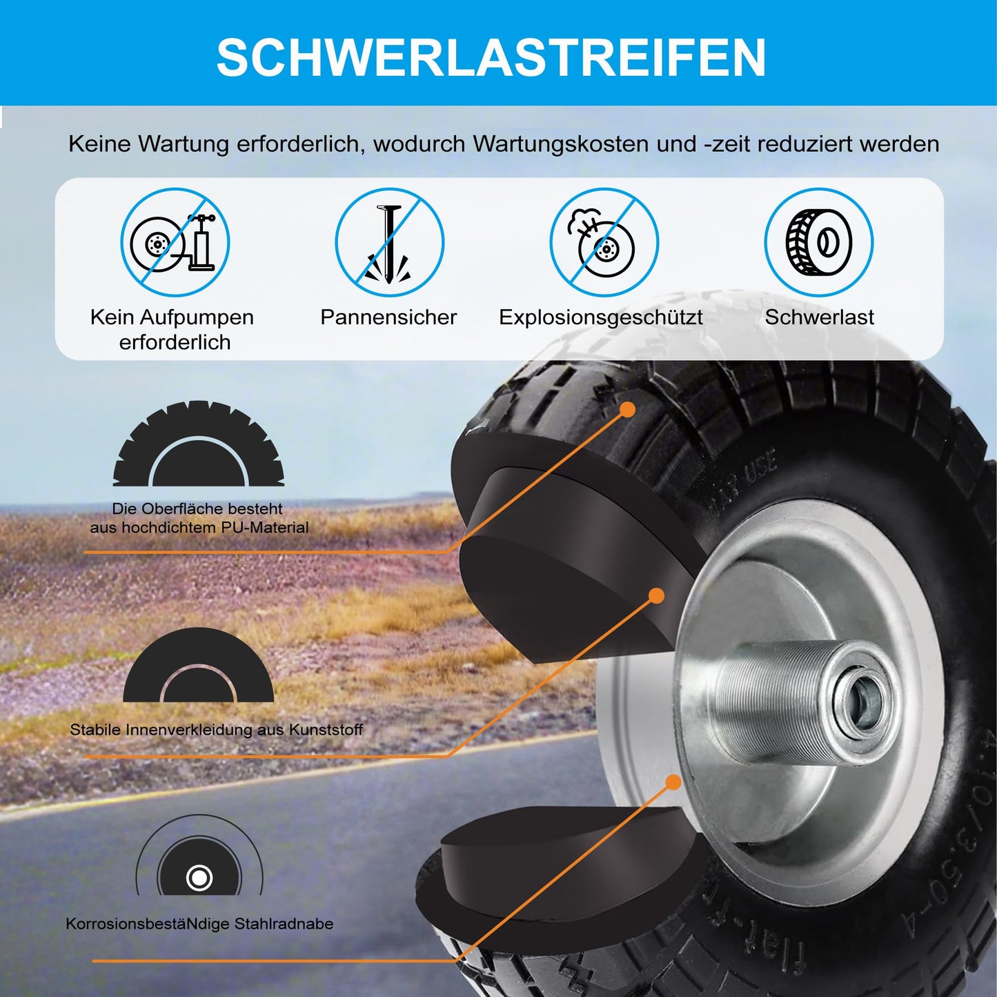 4 pieces of hand truck wheelbarrow wheels with solid rubber tires - solid rubber tires 4.10 3.50-4, wagon replacement wheels 260 x 85 mm, wheel axle 16mm