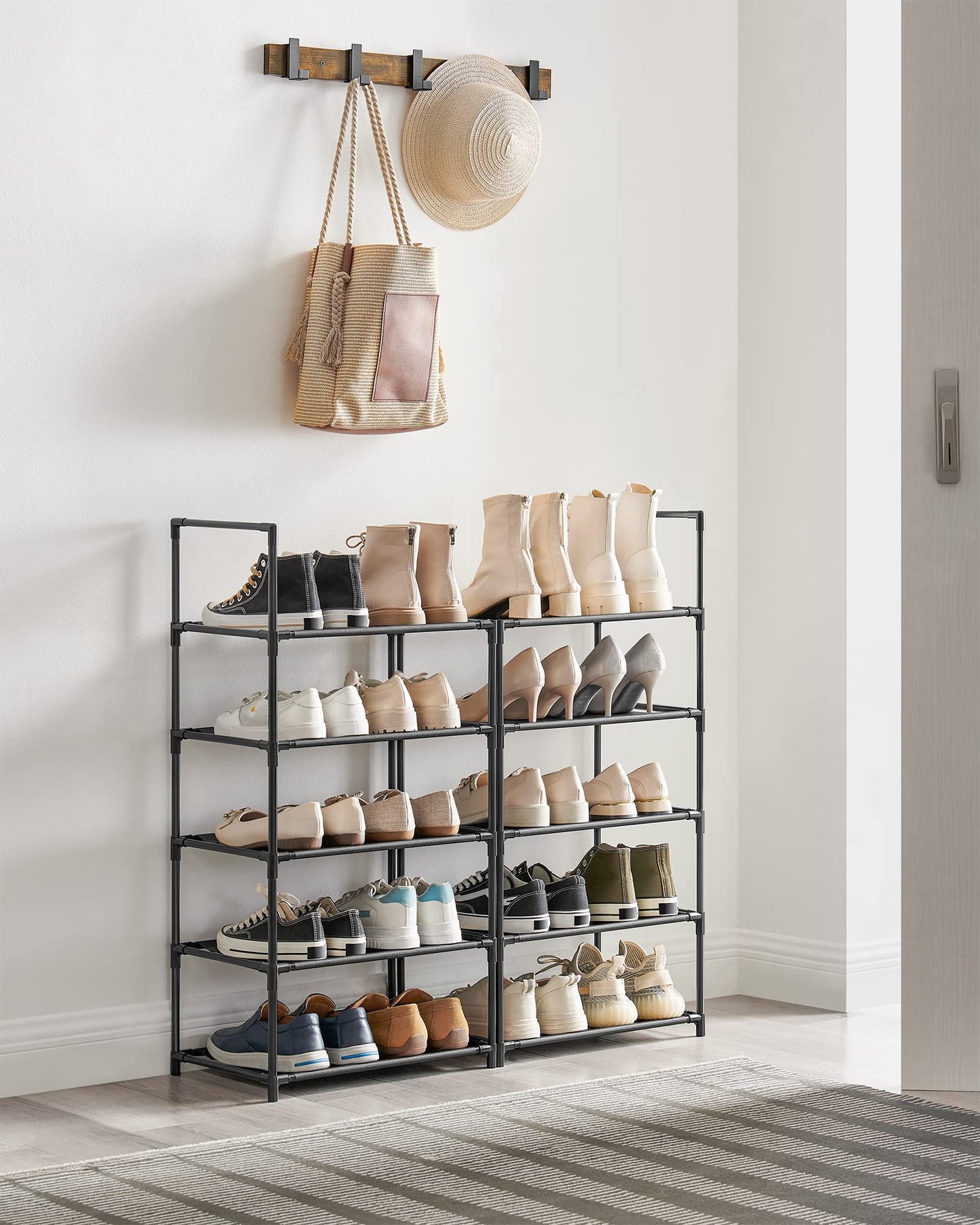 SONGMICS Shoe Rack, 10 Tiers, Shoe Shelf, Shoe Storage, Narrow, 28 x 45 x 173 cm, Metal Frame, Shelves with Non-Woven Fabric, for Entryway, Bedroom, Black LSH010B02