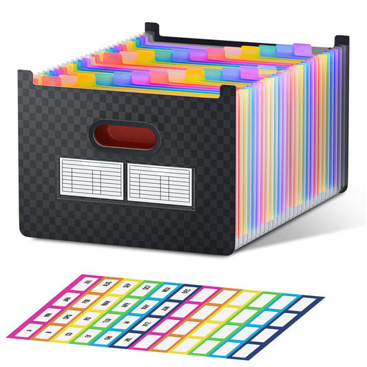 ThinkTex A4 document folder with 26 compartments, open upright and on top, A-Z index tabs with colorful dividers, suitable for school, home, and office in letter/A4 format.