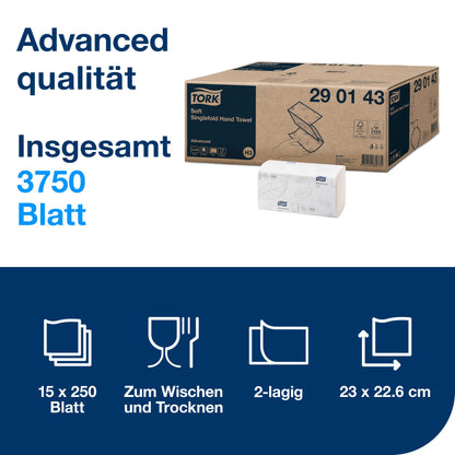 Tork Soft Zigzag Paper Towels Advanced 290143 - H3 Folded Towels for Paper Towel Dispenser - absorbent and tear-resistant, 2-ply, white - 15 x 250 sheets