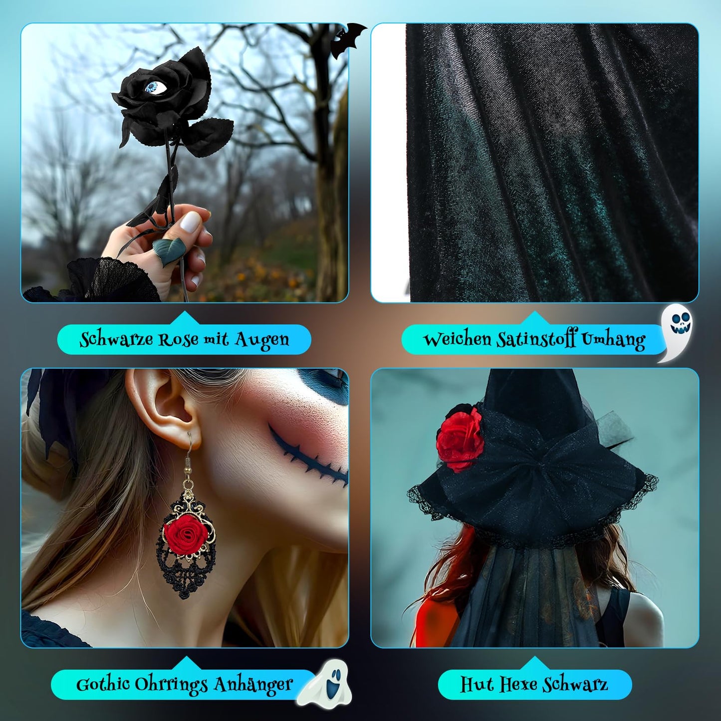 FHzytg Witch Costume Women Halloween, Halloween Costume Women with Black Cape, Lace Mask Necklace Gloves, Halloween Witch Hat, Vampire Sexy Creepy Witch Costume Cosplay Party