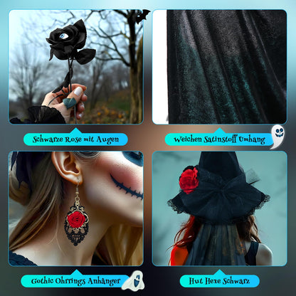 FHzytg Witch Costume Women Halloween, Halloween Costume Women with Black Cape, Lace Mask Necklace Gloves, Halloween Witch Hat, Vampire Sexy Creepy Witch Costume Cosplay Party