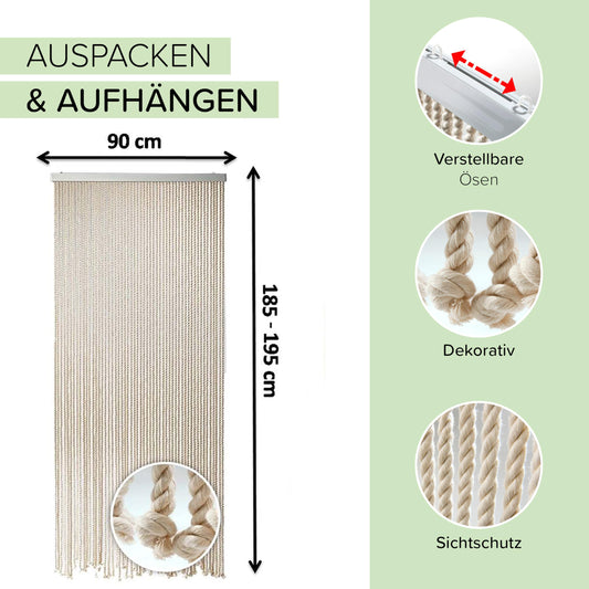 Kobolo rope curtain MARITIME | 90x185 cm | 54 strands | beige | decorative, handmade door curtain | maritime string curtain as a fly screen & privacy for balcony, terrace & windows