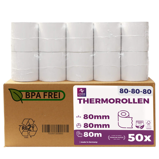 80mm x 80m x 12mm thermal rolls for cash registers with receipt printers, BPA-free thermal paper (50 rolls) - ideal for businesses.