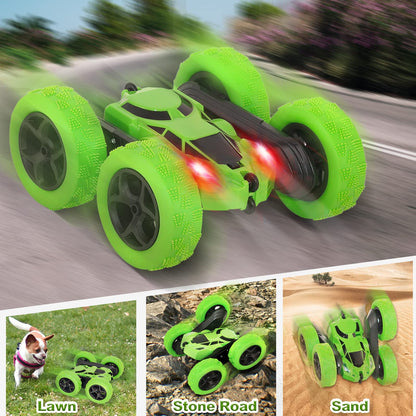 Remote control car, 90 min playtime, 2.4GHz double-sided 360° rotating RC stunt crawler with headlights, 4WD off-road drift RC car toy gifts for boys 6-12 green