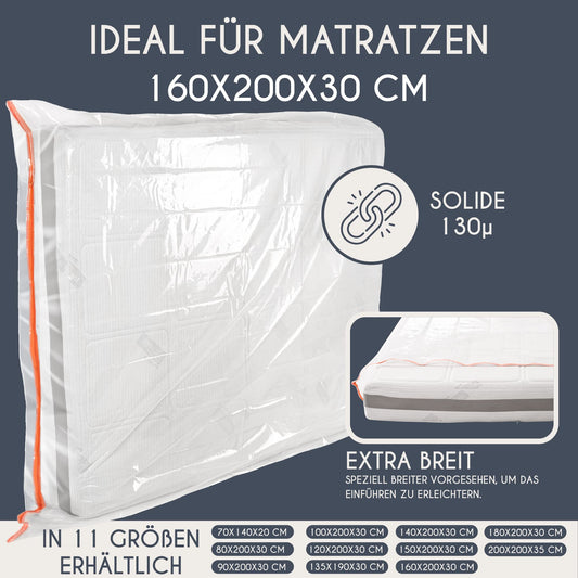 Mattress cover 160x200cm (thickness 30cm) made of plastic - storage bag for mattresses - protection for your mattress for storage, moving - mattress storage bag with practical zipper