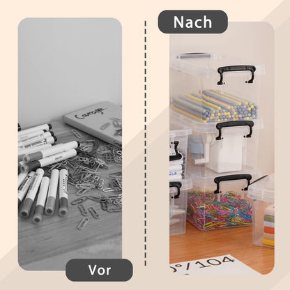Citylife 6-piece set of 4L storage boxes with lids, small and stackable. Transparent with handle clips for small items. Elastic and durable plastic boxes for crafting supplies, measuring 21.5 x 11 x 15.2 cm.