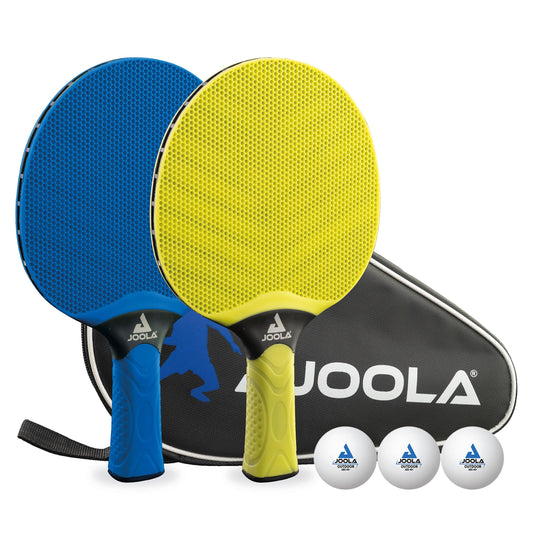 JOOLA Table Tennis Set Vivid Outdoor 2 Table Tennis Rackets + 3 Table Tennis Balls + Table Tennis Cover, Lime/blue, 6 pieces