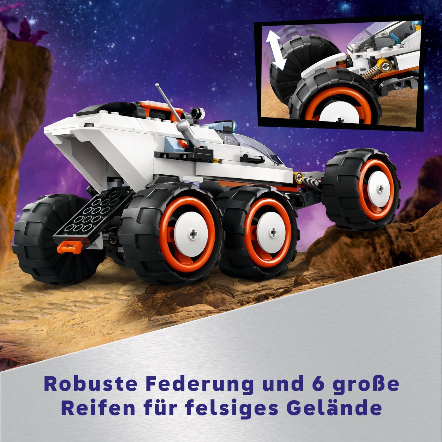 LEGO City Space Rover with Aliens, Car set with robot and alien toy figures, birthday gift for boys and girls ages 6+, includes 2 minifigures and planet backdrop 60431