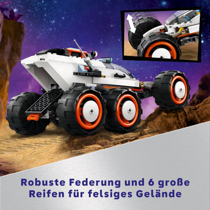LEGO City Space Rover with Aliens, Car set with robot and alien toy figures, birthday gift for boys and girls ages 6+, includes 2 minifigures and planet backdrop 60431