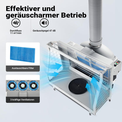 XPOtool airbrush extraction system with water wall 11m³/min, waterfall water shield with LED, and fan for extracting paint mist, high-quality spray booth for airbrush work.